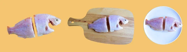 Świeże Ryby Odizolowane Ścieżką Wycinania Desce Cięcia Drewna Białym Tle — Zdjęcie stockowe