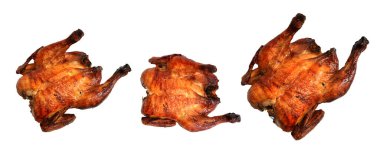 Izgara tavuk, beyaz arka planda izole edilmiş hindi, gölgesiz, kırpma yolu olan pişmiş tavuk, Şükran Günü için barbekü yemeği, Noel.