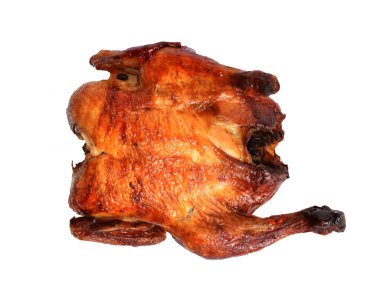 Izgara tavuk, beyaz arka planda izole edilmiş hindi, gölgesiz, kırpma yolu olan pişmiş tavuk, Şükran Günü için barbekü yemeği, Noel.