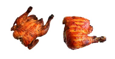 Izgara tavuk, hindi ve çeyrek bacak, beyaz arka planda izole edilmiş, kırpma yolu olmayan gölge yok, kırpma yolu olan pişmiş tavuk, Şükran Günü için mangal yemeği, Noel,