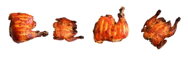 烤整只鸡 火鸡和四分之一条腿 白色背景 没有剪路阴影 有剪路的熟鸡 感恩节烧烤食品 圣诞节 — 图库照片