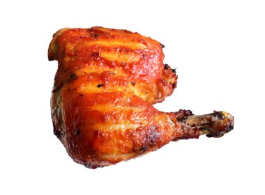 Izgara tavuk, çeyrek bacak, beyaz arka planda kırpma yolu, kırpma yolu olmayan gölgeler, Şükran Günü yemeği için barbekü yemeği, Noel yemeği.