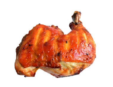 Izgara tavuk, çeyrek bacak, beyaz arka planda kırpma yolu, kırpma yolu olmayan gölgeler, Şükran Günü yemeği için barbekü yemeği, Noel yemeği.