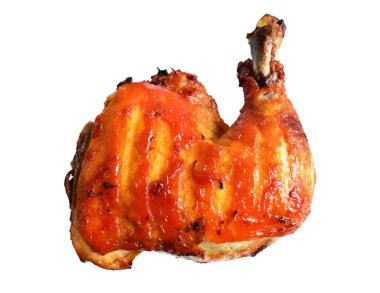 Izgara tavuk, çeyrek bacak, beyaz arka planda kırpma yolu, kırpma yolu olmayan gölgeler, Şükran Günü yemeği için barbekü yemeği, Noel yemeği.