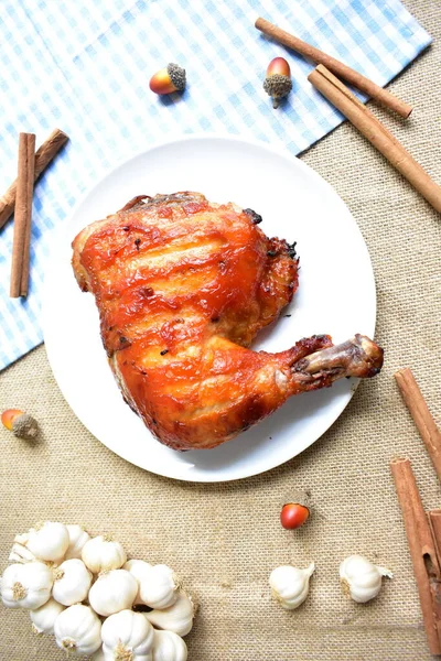 Grilled turkey, chicken quarter legs isolated in white dish white background, cooked turkey,  BBQ food for Thanksgiving, Christmas meal, lunch