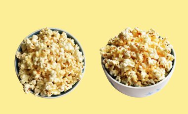 Beyaz arka planda izole edilmiş patlamış mısır kasesi, tatlı tereyağı, kırpma yolu olan karamel patlamış mısır kasesi, gölgesi yok, tuzlu, abur cubur.