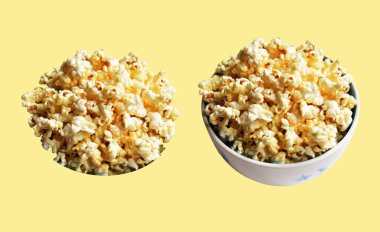 Beyaz arka planda izole edilmiş patlamış mısır kasesi, tatlı tereyağı, kırpma yolu olan karamel patlamış mısır kasesi, gölgesi yok, tuzlu, abur cubur.