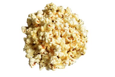 Beyaz arka planda izole edilmiş patlamış mısır kasesi, tatlı tereyağı, kırpma yolu olan karamel patlamış mısır kasesi, gölgesi yok, tuzlu, abur cubur.