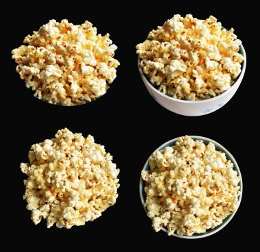 Beyaz arka planda izole edilmiş patlamış mısır kasesi, tatlı tereyağı, kırpma yolu olan karamel patlamış mısır kasesi, gölgesi yok, tuzlu, abur cubur.