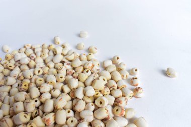 Beyaz arkaplanda kurumuş beyaz nilüfer tohumları