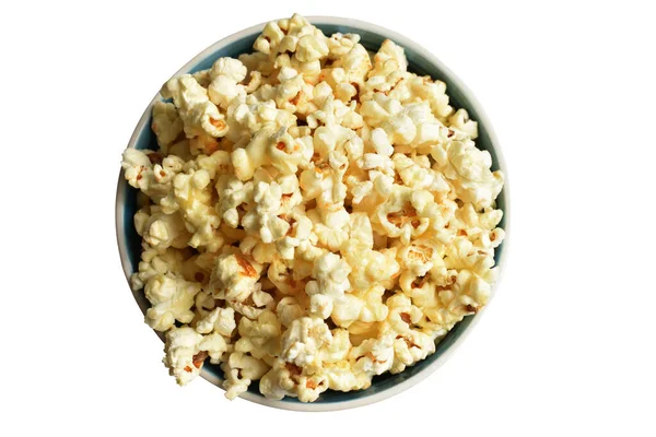 Beyaz arka planda izole edilmiş patlamış mısır kasesi, tatlı tereyağı, kırpma yolu olan karamel patlamış mısır kasesi, gölgesi yok, tuzlu, abur cubur.