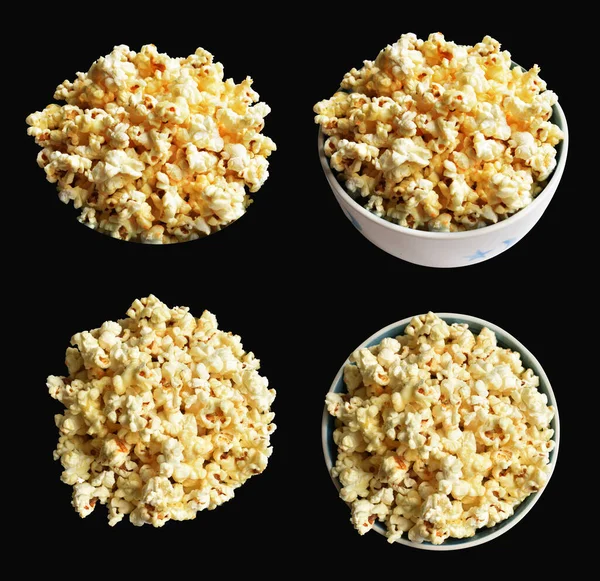 Beyaz arka planda izole edilmiş patlamış mısır kasesi, tatlı tereyağı, kırpma yolu olan karamel patlamış mısır kasesi, gölgesi yok, tuzlu, abur cubur.