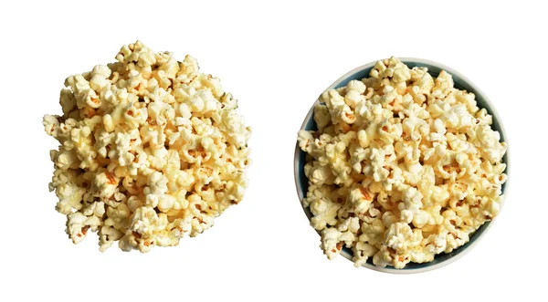 Beyaz arka planda izole edilmiş patlamış mısır kasesi, tatlı tereyağı, kırpma yolu olan karamel patlamış mısır kasesi, gölgesi yok, tuzlu, abur cubur.