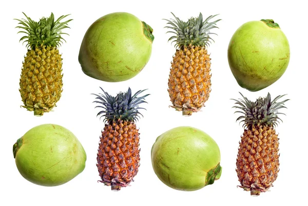 Zestaw Świeżych Zielonych Kokosów Owoców Ananasowych Izolowanych Białym Tle Bez — Zdjęcie stockowe