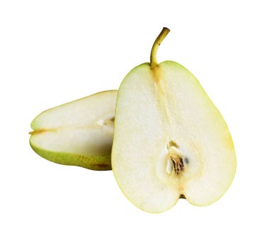 Taze armut, beyaz arka planda kırpma yolu ile izole edilmiş, gölge yok, yarısı, parçaları, dilimleri yok.