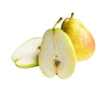 Taze armut, beyaz arka planda kırpma yolu ile izole edilmiş, gölge yok, yarısı, parçaları, dilimleri yok.