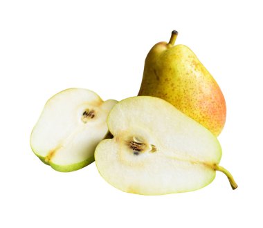 Taze armut, beyaz arka planda kırpma yolu ile izole edilmiş, gölge yok, yarısı, parçaları, dilimleri yok.