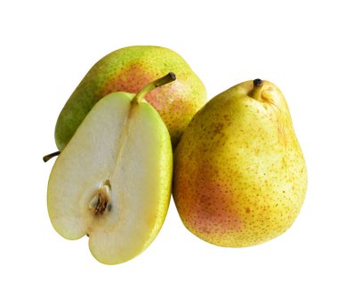 Taze armut, beyaz arka planda kırpma yolu ile izole edilmiş, gölge yok, yarısı, parçaları, dilimleri yok.