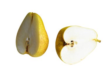 Taze armut, beyaz arka planda kırpma yolu ile izole edilmiş, gölge yok, yarısı, parçaları, dilimleri yok.