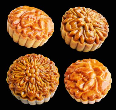 Kurutulmuş ay pastası, kırpma yolu ile izole edilmiş, siyah arka planda gölge yok, Vietnam ya da Çin Sonbahar Festivali