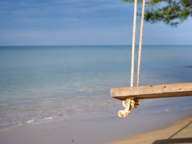 Ağaçta asılı ahşap salıncak Arka planda mavi bir deniz.