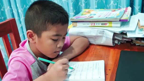 Boy Reading Book Reviewing Lessons Doing His Homework Wooden Table — Vídeo de stock