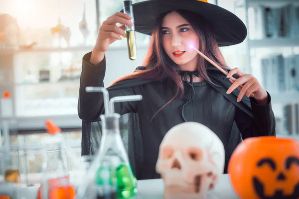 Attractive Beautiful Asian Woman Dressed Witch Using Magic Wand Casting — Stock Photo, Image