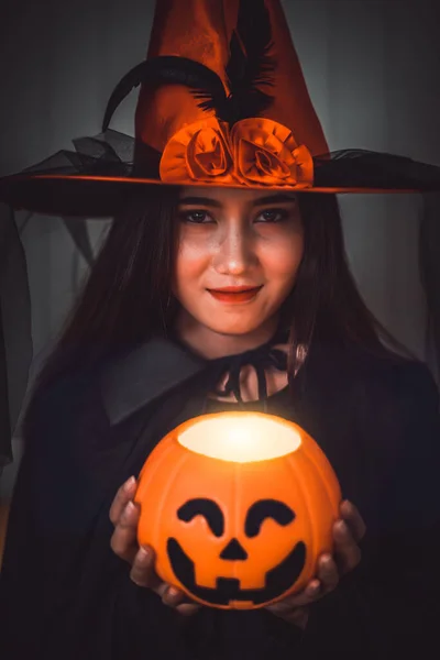 Attractive Beautiful Asian Woman Dressed Witch Holding Jack Lantern Hand — Stock Photo, Image