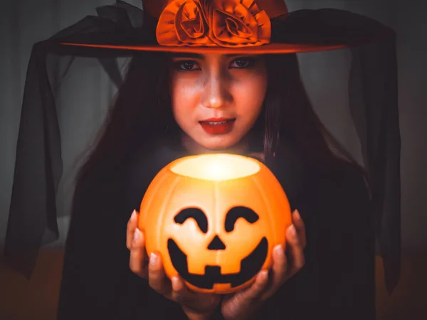 Attractive Beautiful Asian Woman Dressed Witch Holding Jack Lantern Hand — Stock Photo, Image
