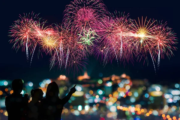 The happy family looks celebration fireworks in the night sky