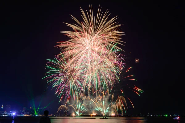 Καταπληκτική Όμορφη Πολύχρωμη Επίδειξη Πυροτεχνημάτων Νύχτα Εορτασμού Που Δείχνει Στην — Φωτογραφία Αρχείου