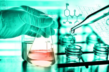Laboratuvar geçmişi, bilim laboratuarı araştırma ve geliştirme konsepti ve laboratuvar malzemeleriyle dolu bir matarayı tutan bilim adamının eli.