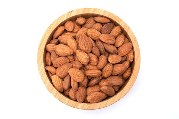 Top View Almonds Wooden Bowl Isolated White Background — Stock Photo, Image