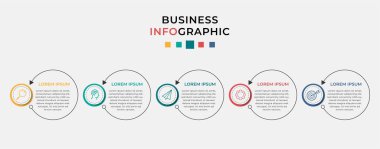 Business Infographic tasarım şablonu simgeli ve 5 seçenekli veya basamaklı Vektör. İşlem şeması, sunumlar, iş akışı düzeni, afiş, akış şeması, bilgi grafiği için kullanılabilir