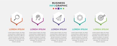 Business Infographic tasarım şablonu simgeli ve 5 seçenekli veya basamaklı Vektör. İşlem şeması, sunumlar, iş akışı düzeni, afiş, akış şeması, bilgi grafiği için kullanılabilir