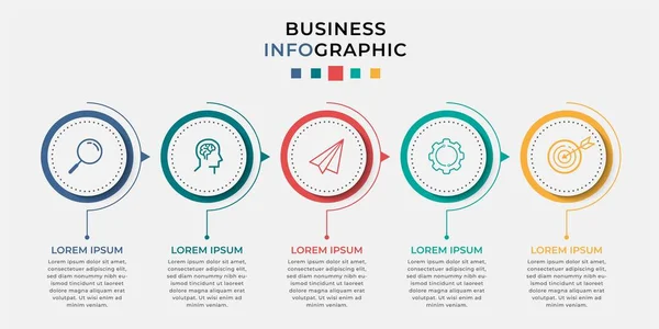Business Infographic tasarım şablonu simgeli ve 5 seçenekli veya basamaklı Vektör. İşlem şeması, sunumlar, iş akışı düzeni, afiş, akış şeması, bilgi grafiği için kullanılabilir