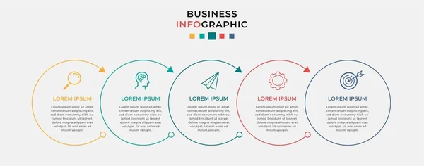 Business Infographic tasarım şablonu simgeli ve 5 seçenekli veya basamaklı Vektör. İşlem şeması, sunumlar, iş akışı düzeni, afiş, akış şeması, bilgi grafiği için kullanılabilir