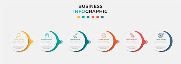 Business Infographic tasarım şablonu simgeli ve 6 seçenek veya basamaklı Vektör. İşlem şeması, sunumlar, iş akışı düzeni, afiş, akış şeması, bilgi grafiği için kullanılabilir