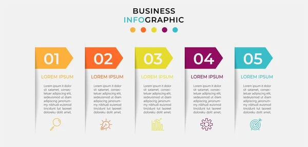 Asgari İş Bilgileri şablonu. 5 adımlı zaman çizelgesi, seçenekler ve pazarlama simgeleri. İki dairesel içerikli vektör doğrusal bilgi. Sunum için kullanılabilir. Eps10 vektörü