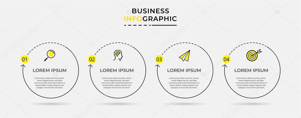 Minimal Business Infographics template. Timeline with 4 steps, options and marketing icons .Vector linear infographic with two circle conected elements. Can be use for presentation.