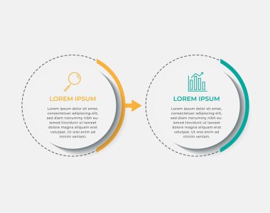 Asgari İş Bilgileri şablonu. 2 adımlı zaman çizelgesi, seçenekler ve pazarlama simgeleri. İki dairesel elementli vektör doğrusal bilgi. Sunum için kullanılabilir.