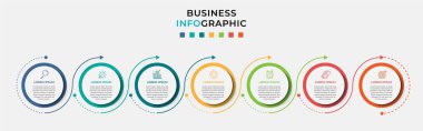 Asgari İş Bilgileri şablonu. 7 adımlı zaman çizelgesi, seçenekler ve pazarlama simgeleri. İki dairesel içerikli vektör doğrusal bilgi. Sunum için kullanılabilir.