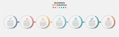 Asgari İş Bilgileri şablonu. 7 adımlı zaman çizelgesi, seçenekler ve pazarlama simgeleri. İki dairesel içerikli vektör doğrusal bilgi. Sunum için kullanılabilir.
