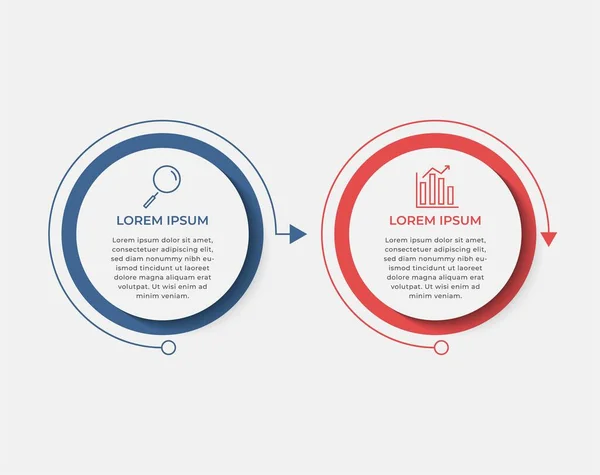 Asgari İş Bilgileri şablonu. 2 adımlı zaman çizelgesi, seçenekler ve pazarlama simgeleri. İki dairesel elementli vektör doğrusal bilgi. Sunum için kullanılabilir.