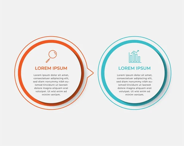 Asgari İş Bilgileri şablonu. 2 adımlı zaman çizelgesi, seçenekler ve pazarlama simgeleri. İki dairesel elementli vektör doğrusal bilgi. Sunum için kullanılabilir.