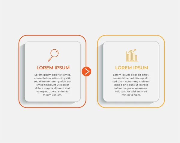 Asgari İş Bilgileri şablonu. 2 adımlı zaman çizelgesi, seçenekler ve pazarlama simgeleri. İki dairesel elementli vektör doğrusal bilgi. Sunum için kullanılabilir.