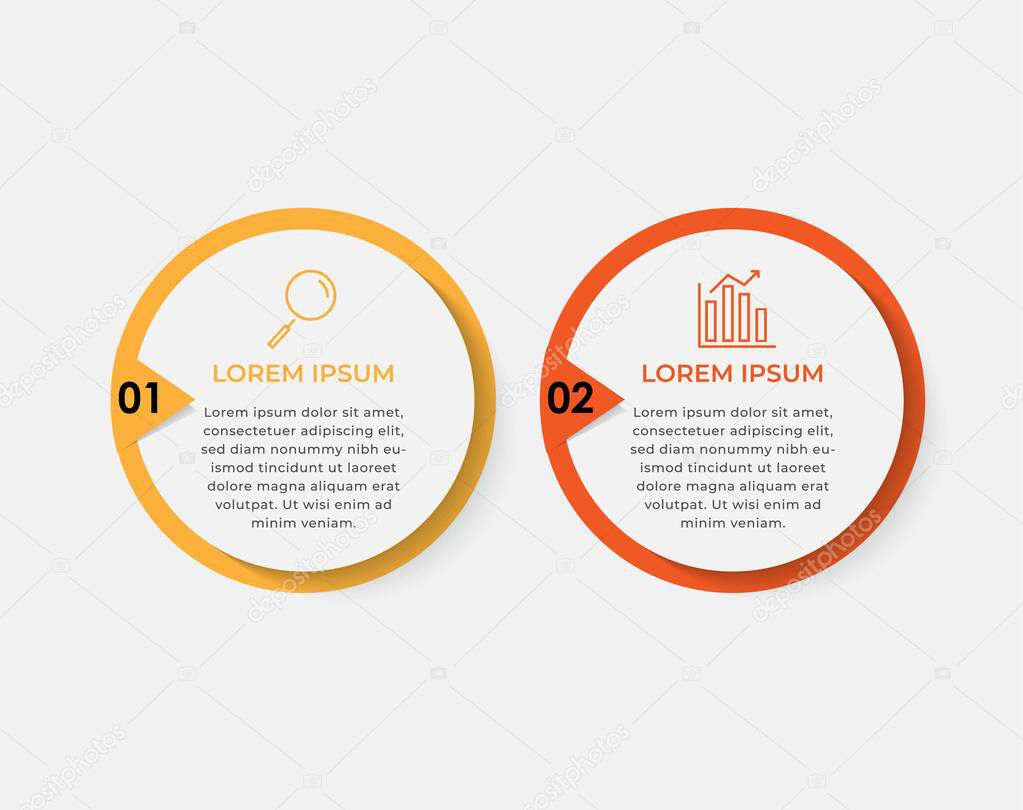 Minimal Business Infographics template. Timeline with 2 steps, options and marketing icons. Vector linear infographic with two circle conected elements. Can be use for presentation.