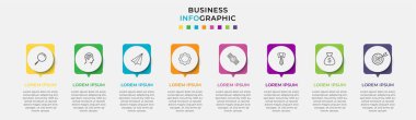 Asgari İş Bilgileri şablonu. 8 adımlı zaman çizelgesi, seçenekler ve pazarlama simgeleri. İki dairesel içerikli vektör doğrusal bilgi. Sunum için kullanılabilir.