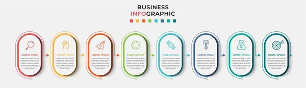 Minimale Geschäftsinformationsgrafik Vorlage Zeitachse Mit Schritten Optionen Und Marketing Symbolen — Stockvektor