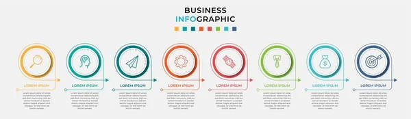 Minimale Geschäftsinformationsgrafik Vorlage Zeitachse Mit Schritten Optionen Und Marketing Symbolen — Stockvektor